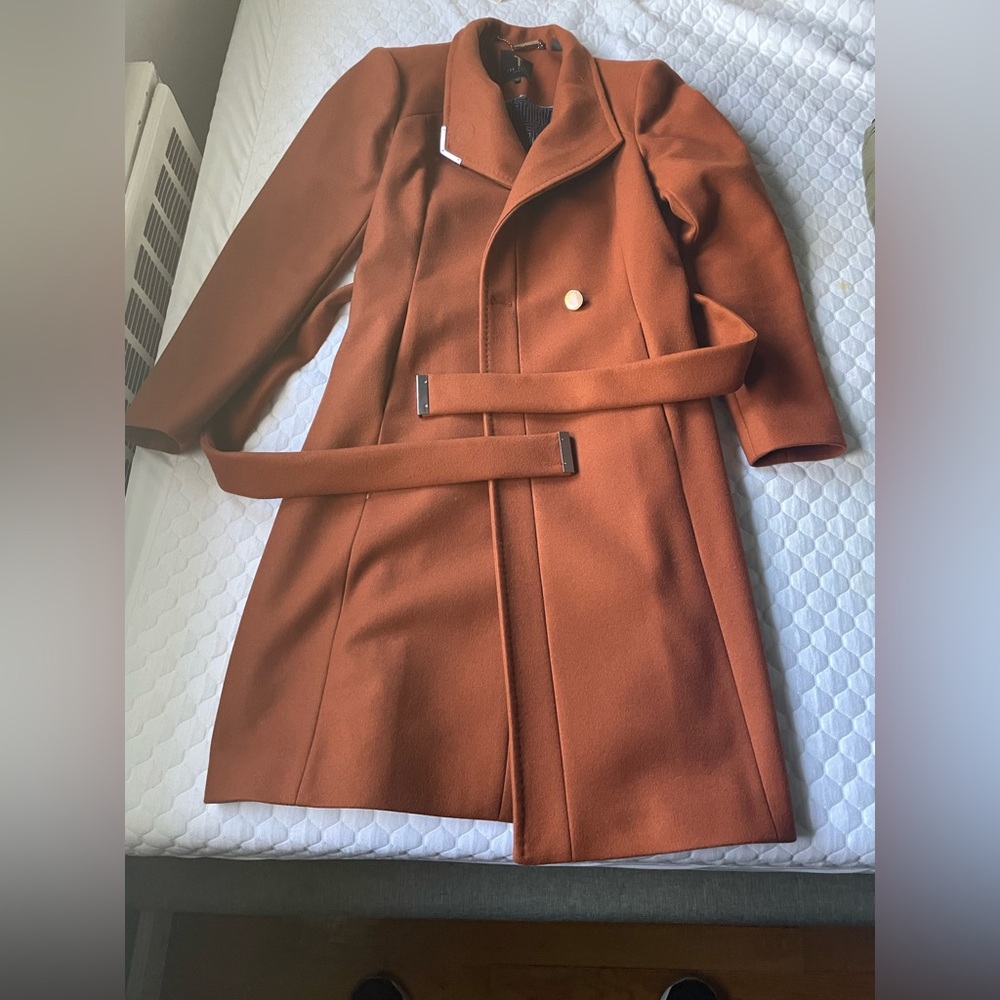 Beautiful like new condition Ted Baker wool midi length coat rose gold accents